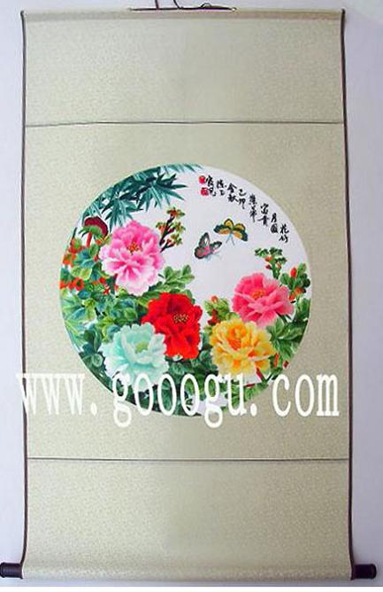圓形牡丹刺繡畫,傳統(tǒng)天地桿蘇繡畫禮品