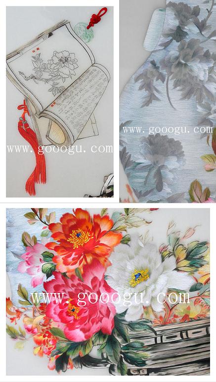 刺繡畫(huà)細(xì)節(jié)照片，牡丹古代題材蘇繡精品